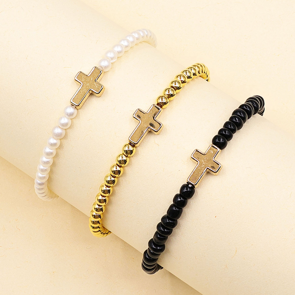 Elastic Bracelets Imitation Pearl Ccb Beaded Cross Export Versatile Simple Three-Piece Suit