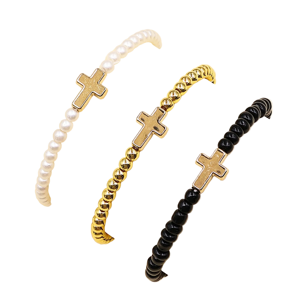 Elastic Bracelets Imitation Pearl Ccb Beaded Cross Export Versatile Simple Three-Piece Suit