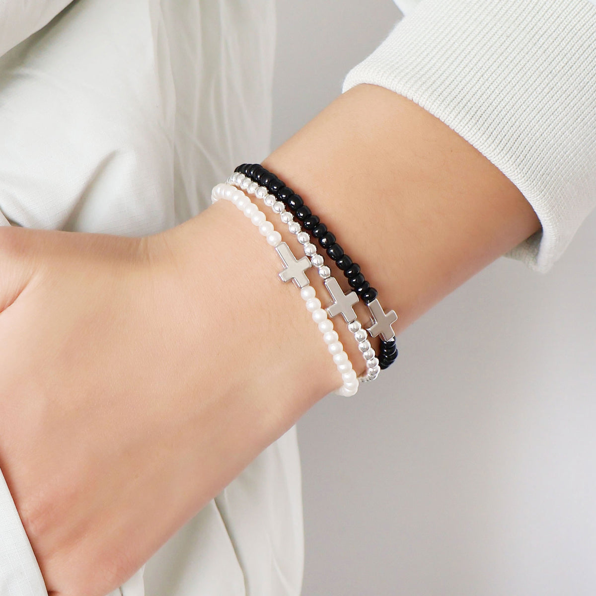 Elastic Bracelets Imitation Pearl Ccb Beaded Cross Export Versatile Simple Three-Piece Suit
