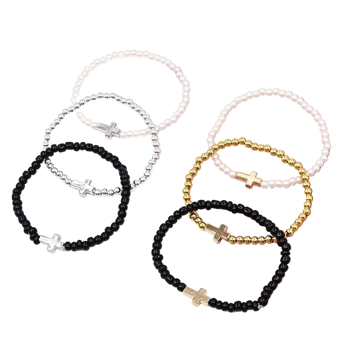 Elastic Bracelets Imitation Pearl Ccb Beaded Cross Export Versatile Simple Three-Piece Suit