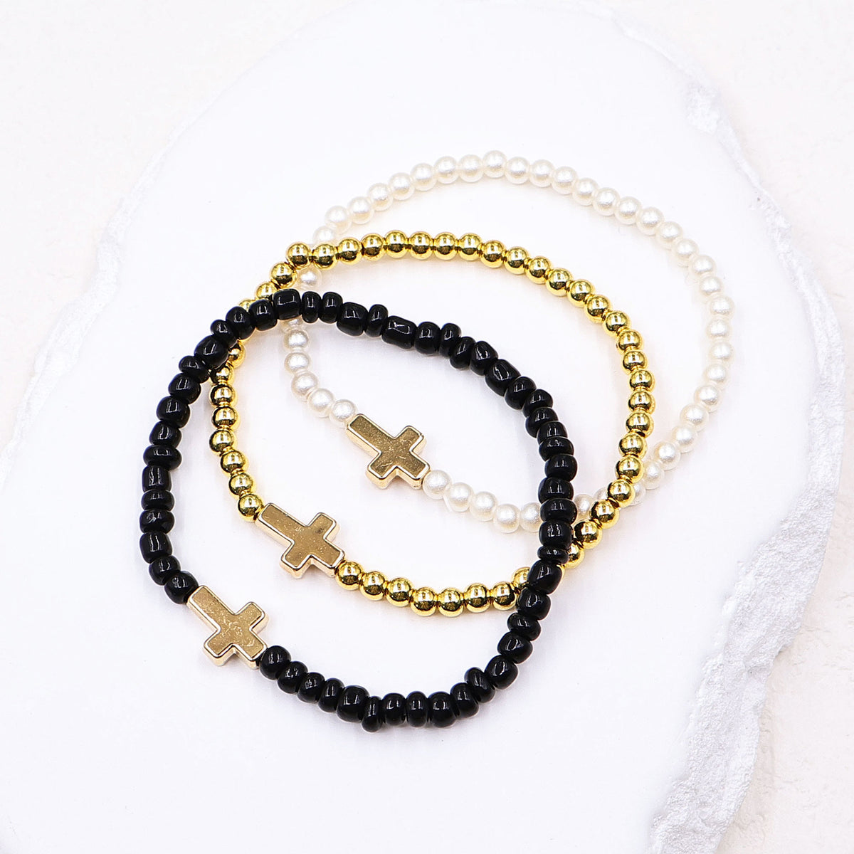 Elastic Bracelets Imitation Pearl Ccb Beaded Cross Export Versatile Simple Three-Piece Suit