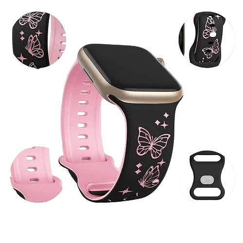 Silicone Two-Tone Butterfly Carved Watch Band with Figure-Eight Buckle, 3D Laser Engraving, Pink iWatch Smart