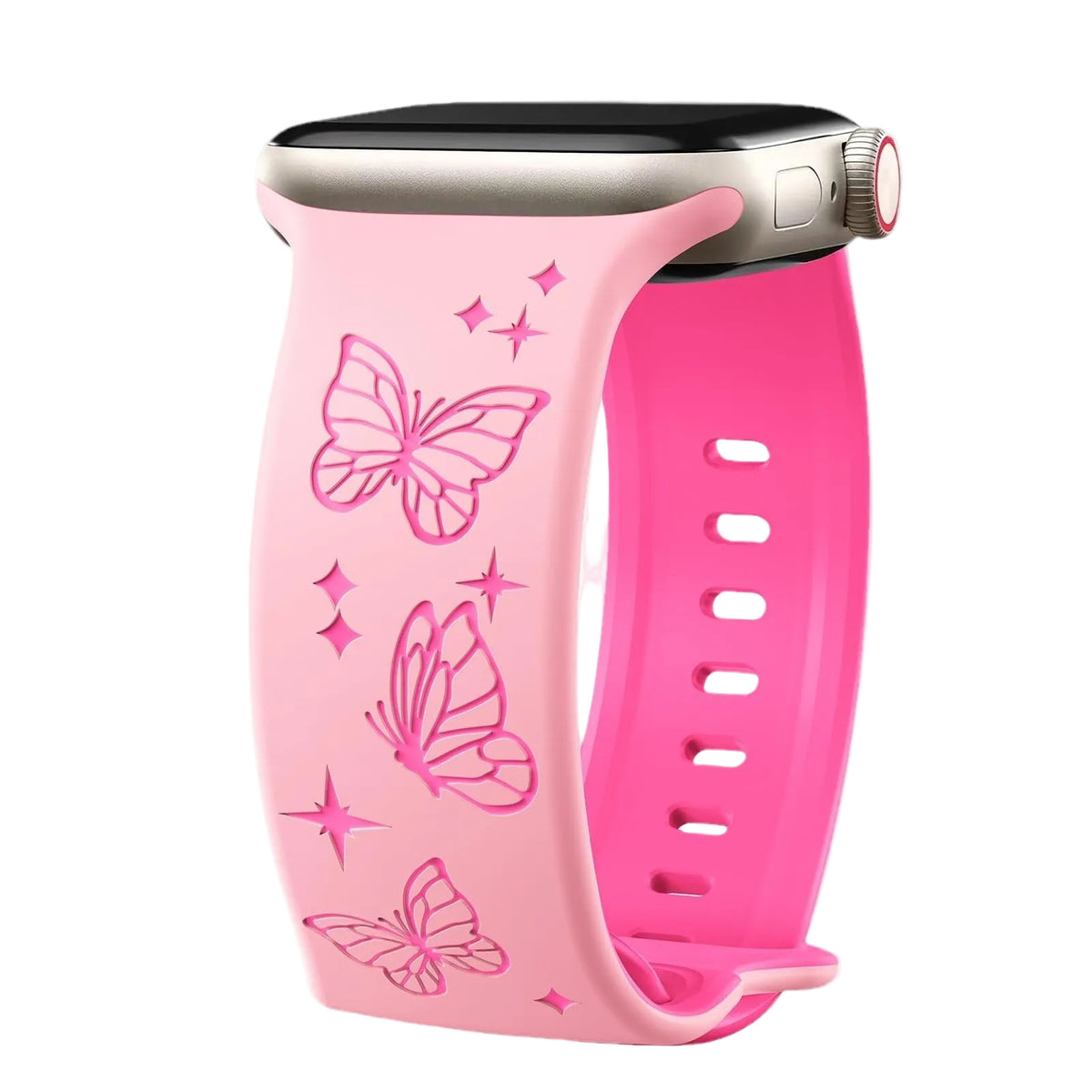 Silicone Two-Tone Butterfly Carved Watch Band with Figure-Eight Buckle, 3D Laser Engraving, Pink iWatch Smart