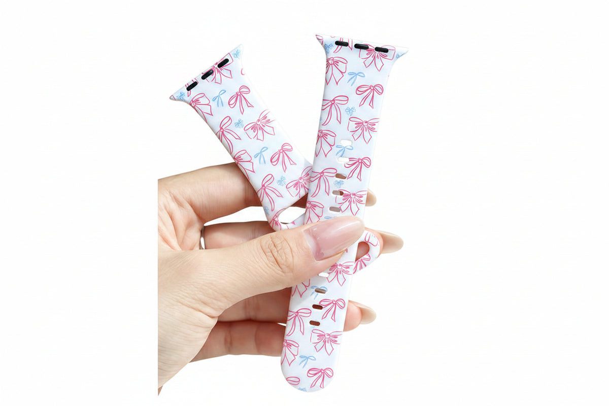 Compatible with Apple Watch9/S11 Smart Watch Sweet Pink Blue Bow Printed Silicone Watch Strap