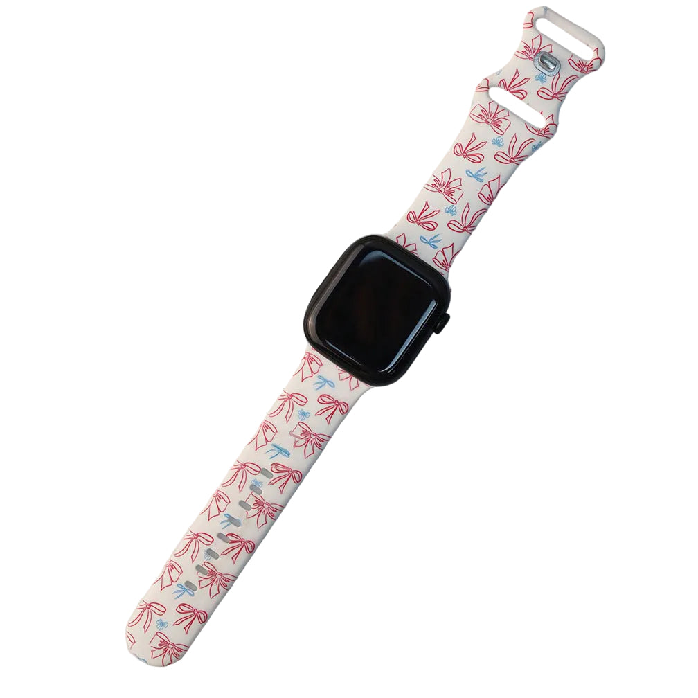 Compatible with Apple Watch9/S11 Smart Watch Sweet Pink Blue Bow Printed Silicone Watch Strap