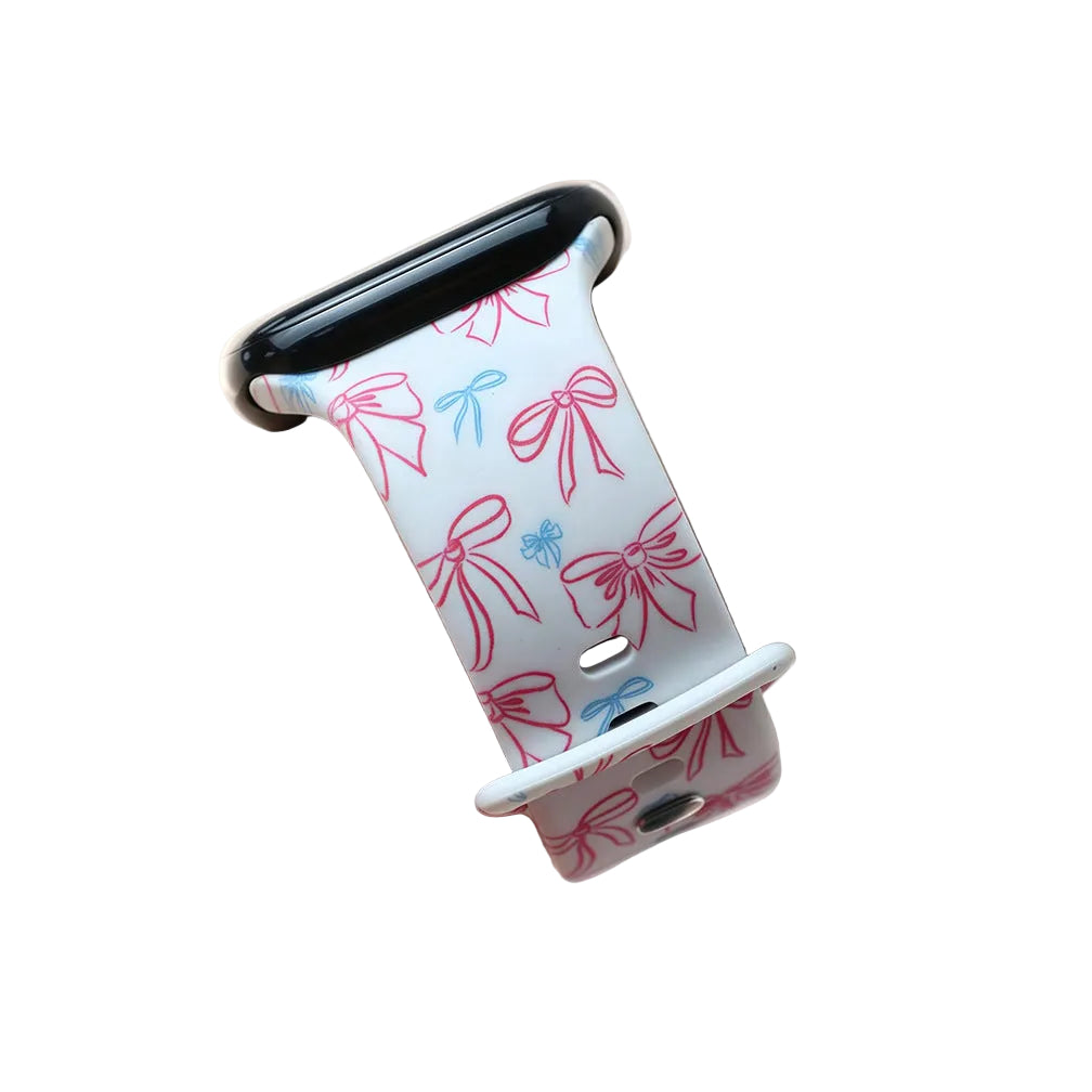 Compatible with Apple Watch9/S11 Smart Watch Sweet Pink Blue Bow Printed Silicone Watch Strap