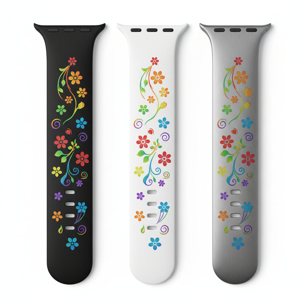 Silicone Watch Bands Suitable for All Models of Apple Watch S11, Colorful Flower-Engraved Replacement Bands