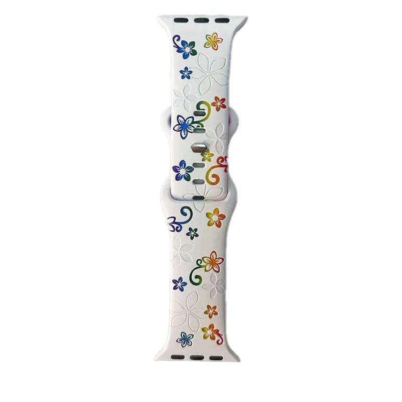 Silicone Watch Bands Suitable for All Models of Apple Watch S11, Colorful Flower-Engraved Replacement Bands
