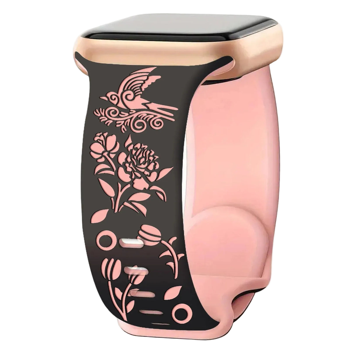 Iwatchs11 Laser-Engraved Silicone Butterfly Buckle Bird and Flower Watch Strap 8-Shaped Buckle Two-Color Watch Strap
