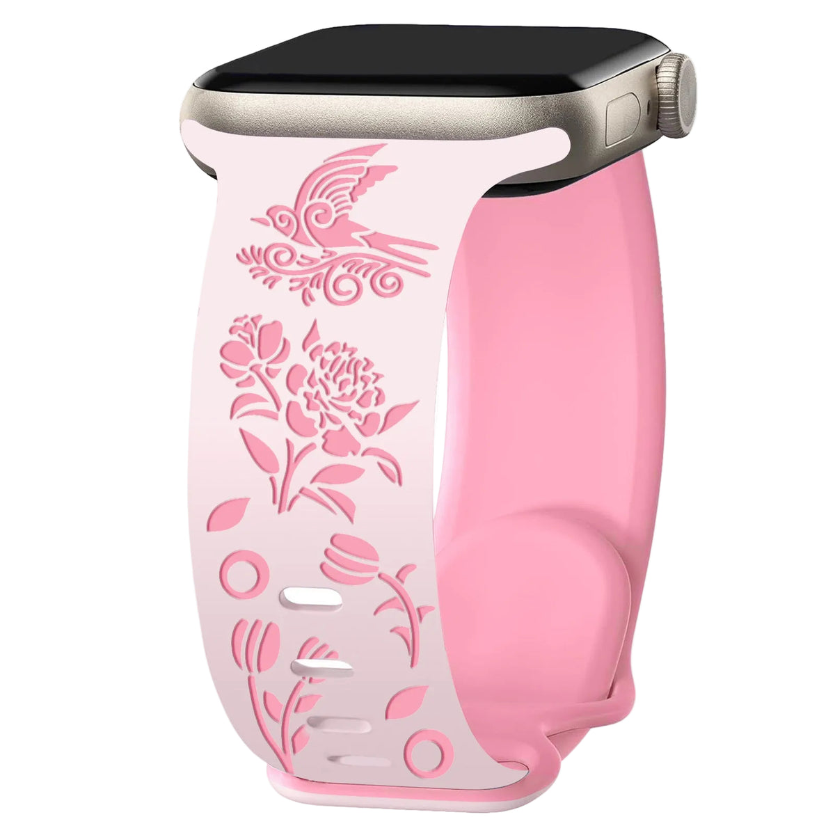 Iwatchs11 Laser-Engraved Silicone Butterfly Buckle Bird and Flower Watch Strap 8-Shaped Buckle Two-Color Watch Strap