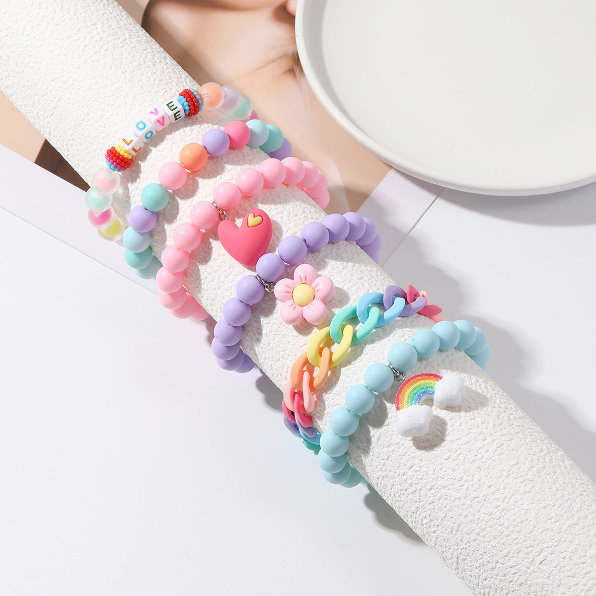 Bohemian Heart-Shaped Acrylic Cute Pink Letter Bracelet Colorful Beaded Bracelet Set