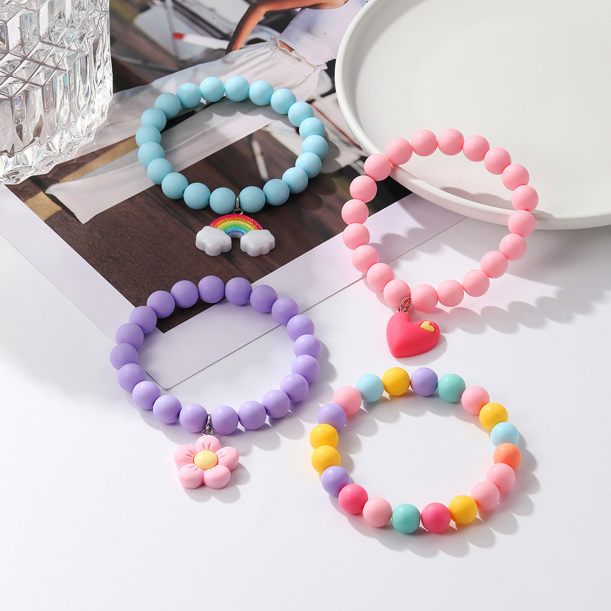 Bohemian Heart-Shaped Acrylic Cute Pink Letter Bracelet Colorful Beaded Bracelet Set