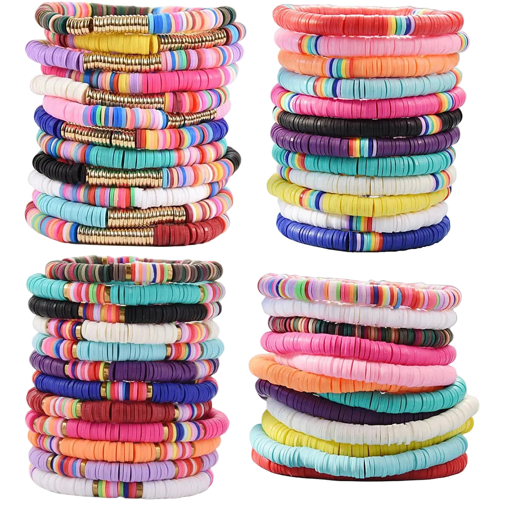 Bohemian Beach Ethnic Style Mixed Color Elastic Rope Sliced Soft Pottery  Stackable Bracelet