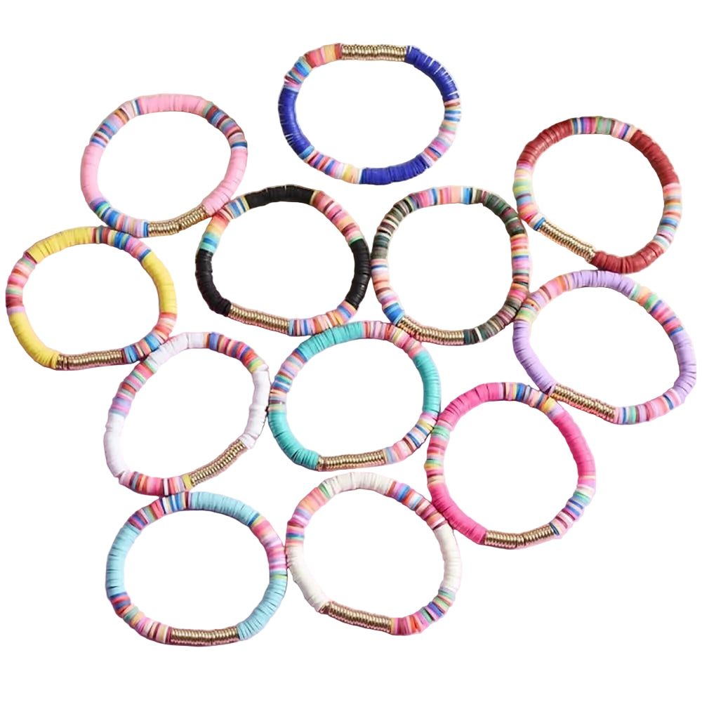 Bohemian Beach Ethnic Style Mixed Color Elastic Rope Sliced Soft Pottery  Stackable Bracelet