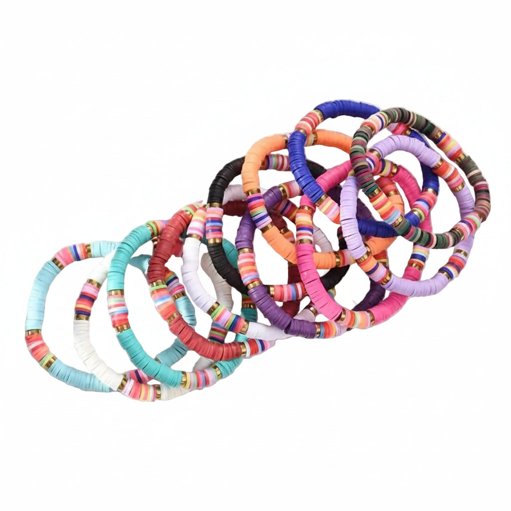 Bohemian Beach Ethnic Style Mixed Color Elastic Rope Sliced Soft Pottery  Stackable Bracelet