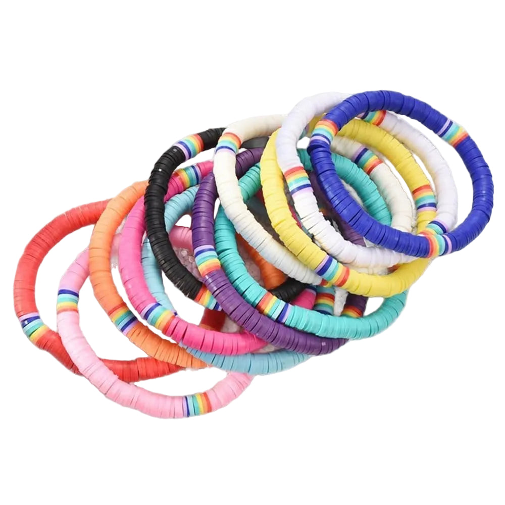 Bohemian Beach Ethnic Style Mixed Color Elastic Rope Sliced Soft Pottery  Stackable Bracelet