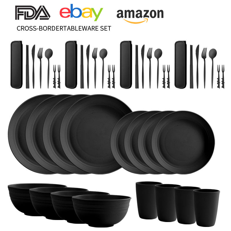 Cross-border Amazon Wheat Straw Tableware suit Black Plate Bowl Cup Knife and Fork Spoon Portable Tableware Bowl Plate suit
