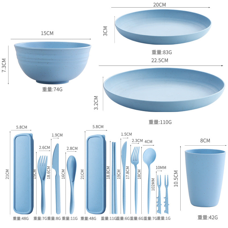 Cross-border Amazon Wheat Straw Tableware suit Black Plate Bowl Cup Knife and Fork Spoon Portable Tableware Bowl Plate suit