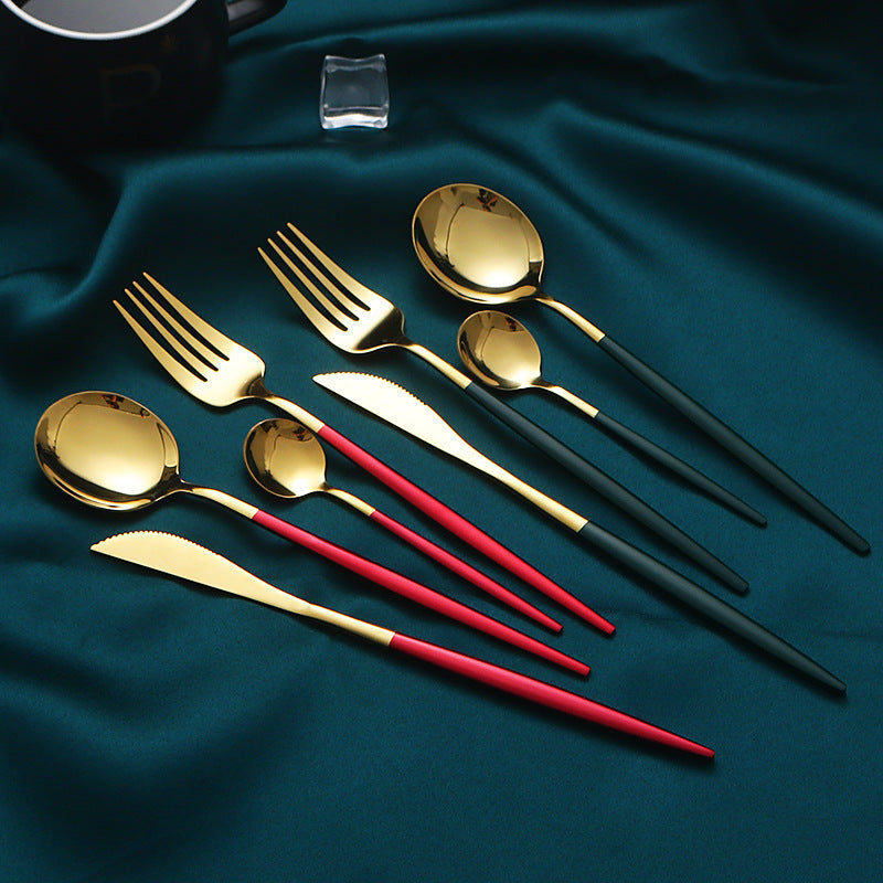 24PCs Stainless Steel Tableware Knife, Fork and Spoon Portuguese Set Tableware Western Food Four Main Pieces Steak Knife, Fork and Spoon