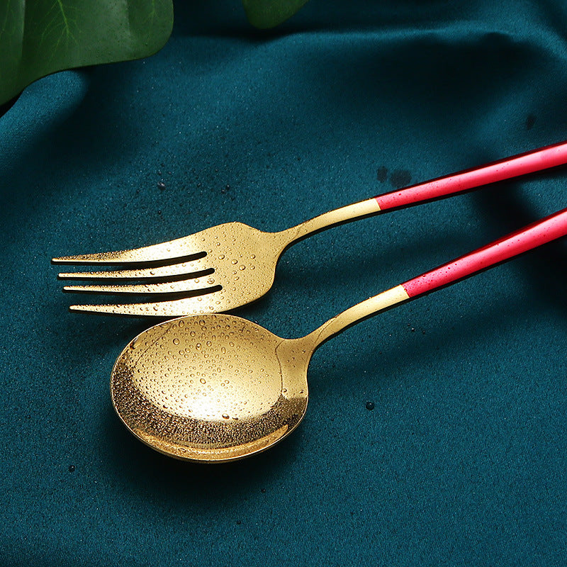 24PCs Stainless Steel Tableware Knife, Fork and Spoon Portuguese Set Tableware Western Food Four Main Pieces Steak Knife, Fork and Spoon