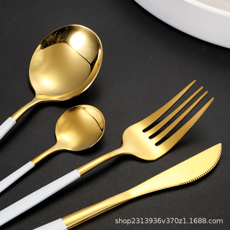 24pcs  Stainless Steel Portuguese Knife and Fork Spoon Main Four-piece Set Amazon Painted Steak Knife and Fork Spoon Tea Spoon Gold