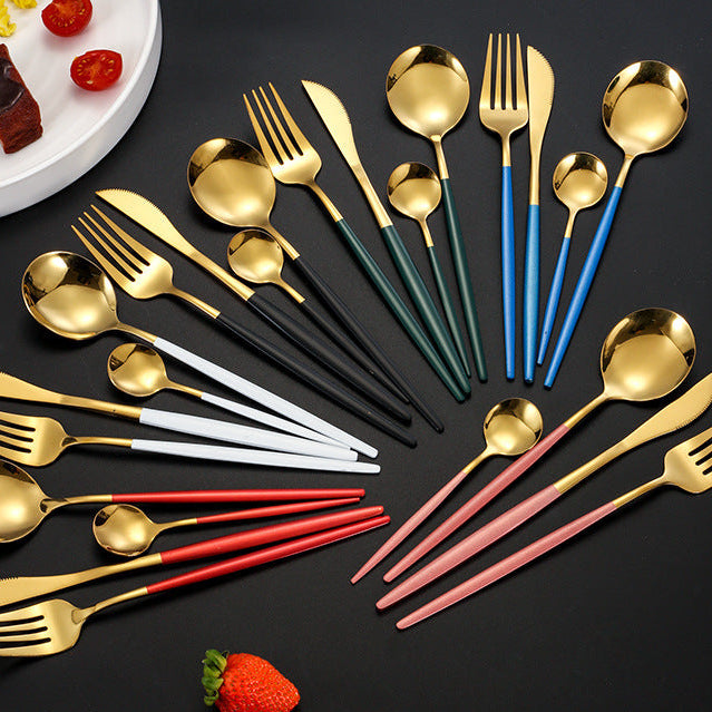 24pcs  Stainless Steel Portuguese Knife and Fork Spoon Main Four-piece Set Amazon Painted Steak Knife and Fork Spoon Tea Spoon Gold