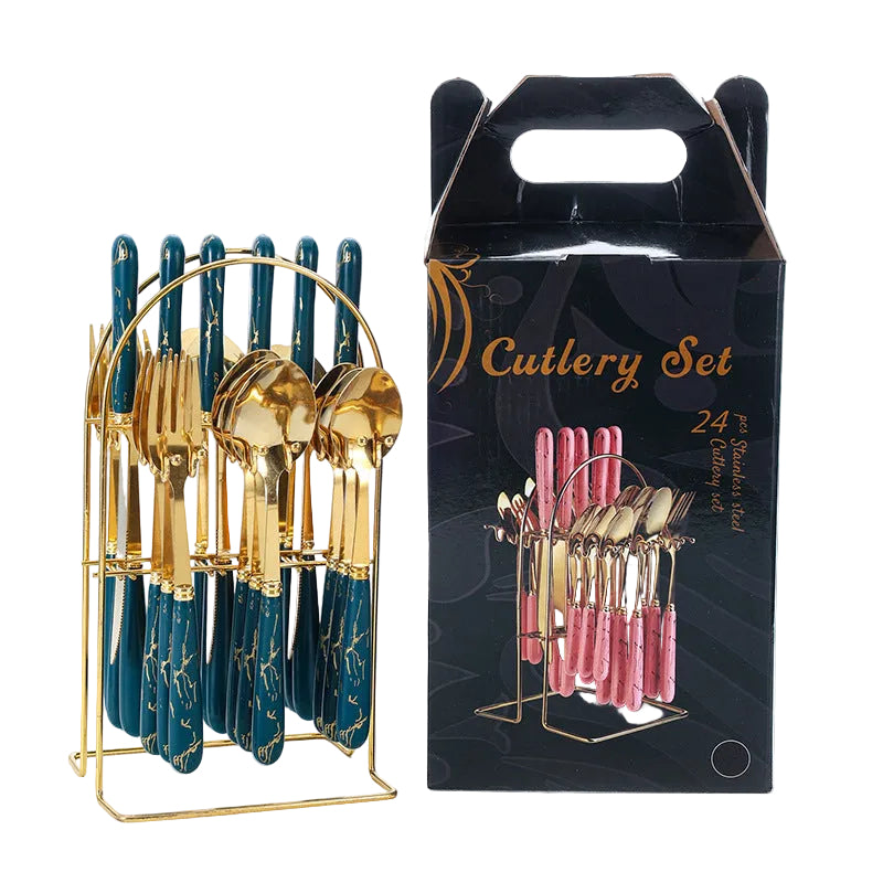 Stainless Steel Tableware Set Dark Green 24-piece Gift Box Steak Knife Hotel Western Food Spoon