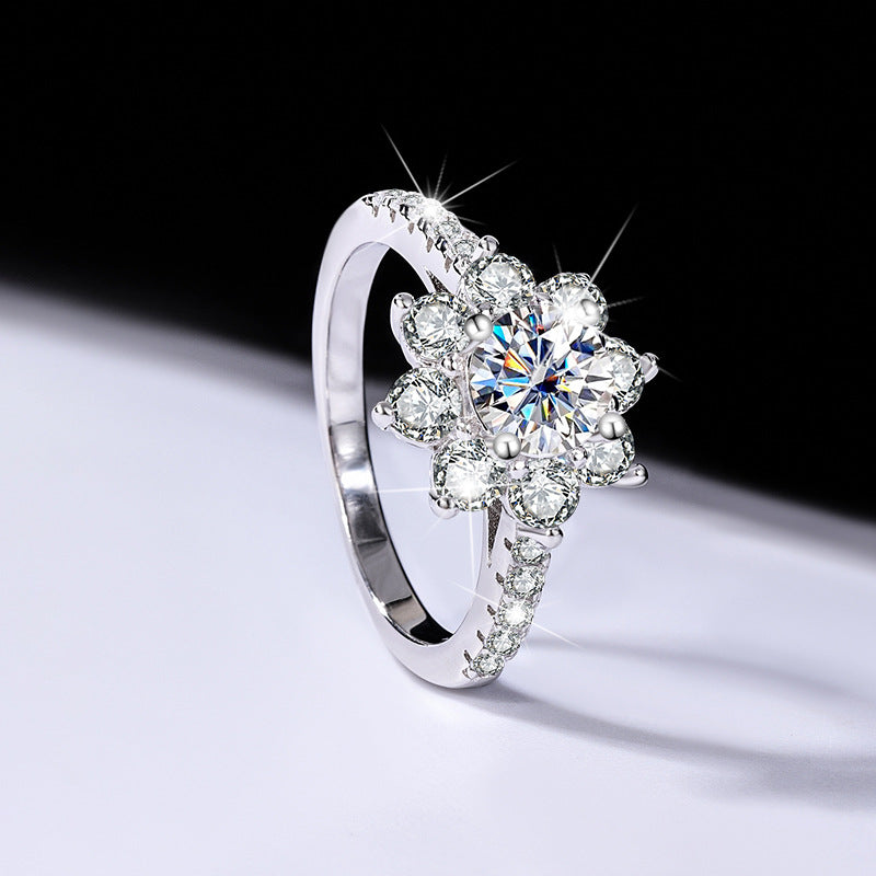 Sterling Silver 925 Moissanite Ring for Women, Silver Ring with Flower Design, Diamond Ring, Tiktok Live Streaming, Real Diamond Supply, Dropshipping, Light Luxury