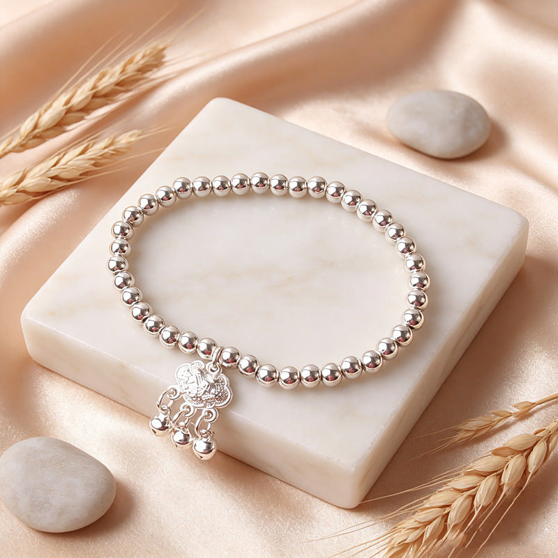 New Style Imitation Silver Tibetan Silver Lucky Cat Pendant Bracelet Glossy Silver Beads Bracelet Simple All-Match Design Jewelry Wholesale