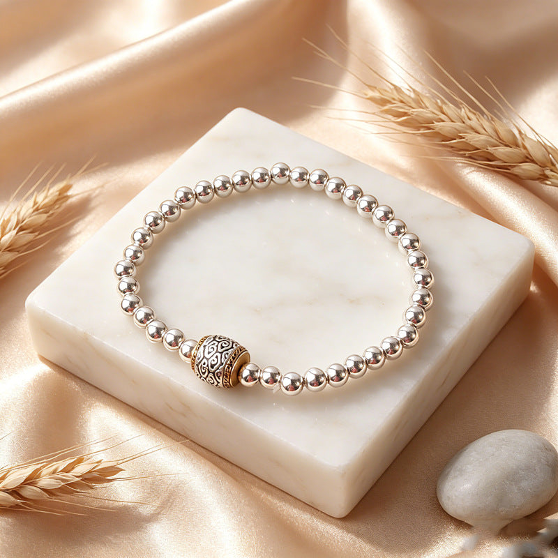 New Style Imitation Silver Tibetan Silver Lucky Cat Pendant Bracelet Glossy Silver Beads Bracelet Simple All-Match Design Jewelry Wholesale