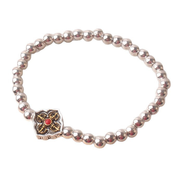 New Style Imitation Silver Tibetan Silver Lucky Cat Pendant Bracelet Glossy Silver Beads Bracelet Simple All-Match Design Jewelry Wholesale