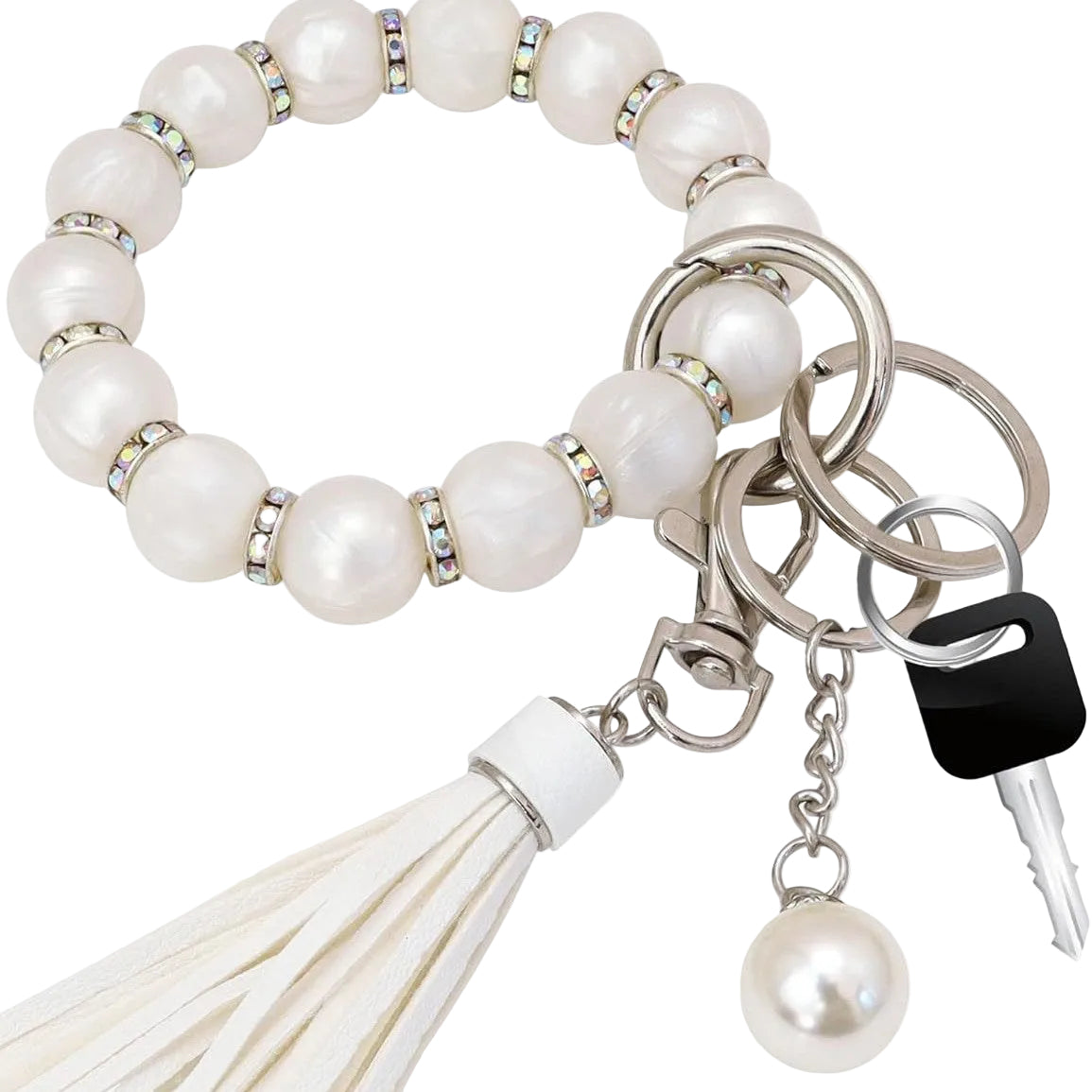 Silicone Key Ring Bracelet Wristlet Keychain with Silver Shiny Zircon and Leather Tassel