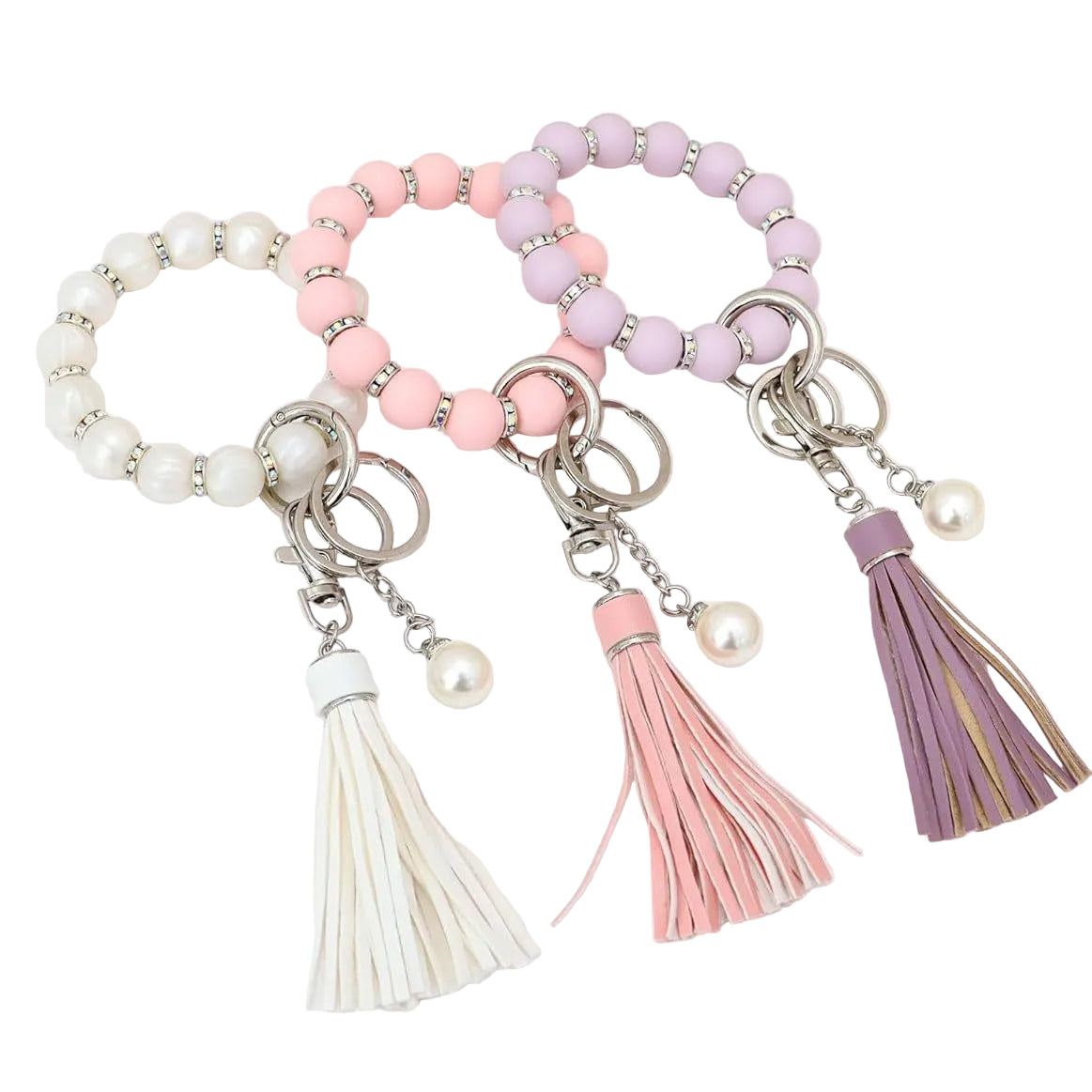 Silicone Key Ring Bracelet Wristlet Keychain with Silver Shiny Zircon and Leather Tassel
