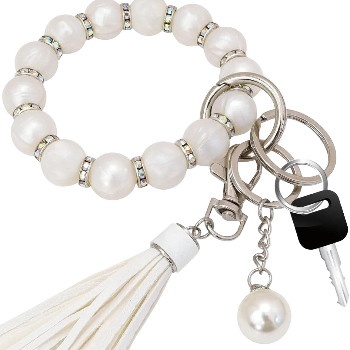 Silicone Key Ring Bracelet Wristlet Keychain with Silver Shiny Zircon and Leather Tassel