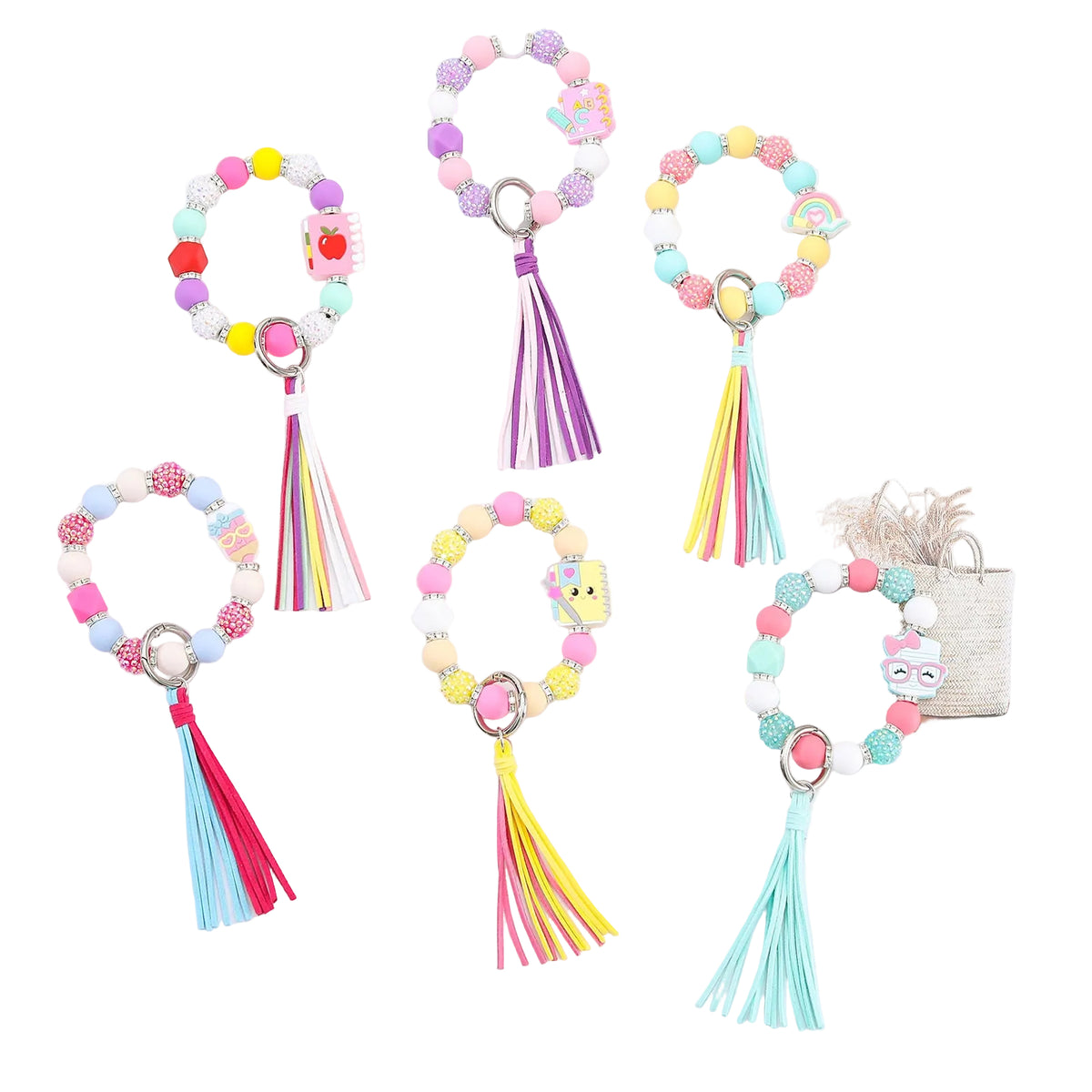 Cartoon Beaded Tassel Keychain Macaron-Colored Silicone Women's Bag Pendant