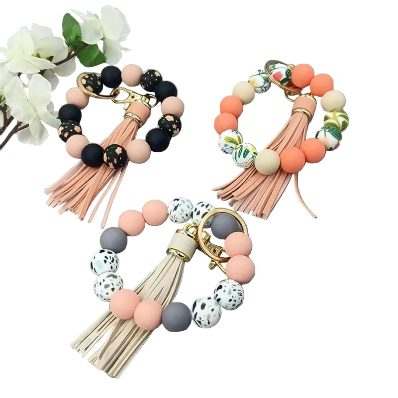 Silicone  Round Beaded Bracelet Tassel Keychain Bag Pendant