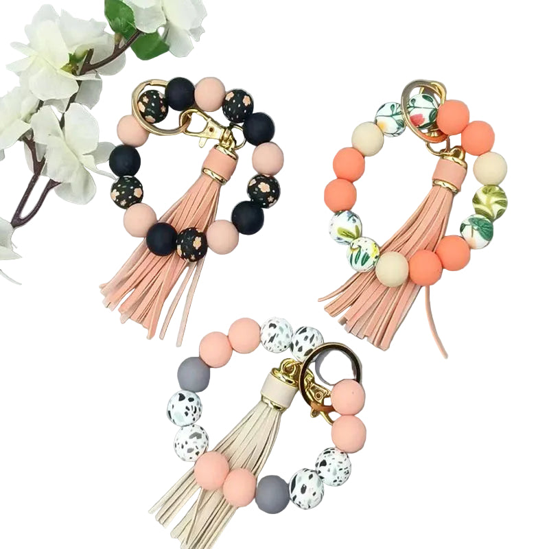 Silicone  Round Beaded Bracelet Tassel Keychain Bag Pendant