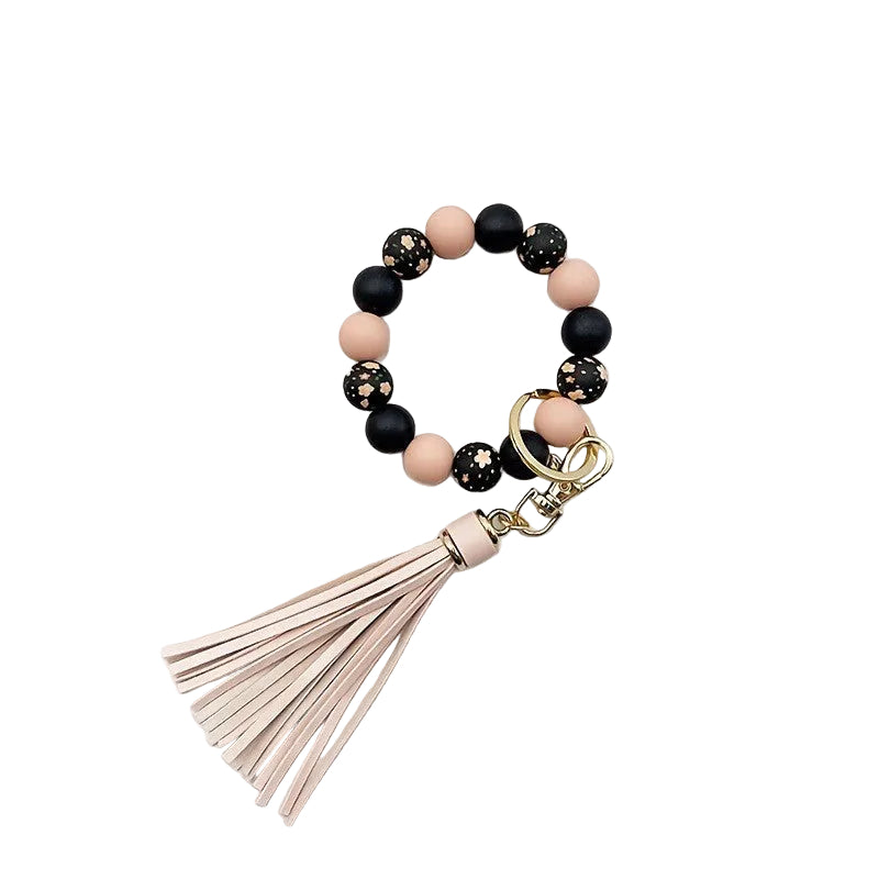 Silicone  Round Beaded Bracelet Tassel Keychain Bag Pendant