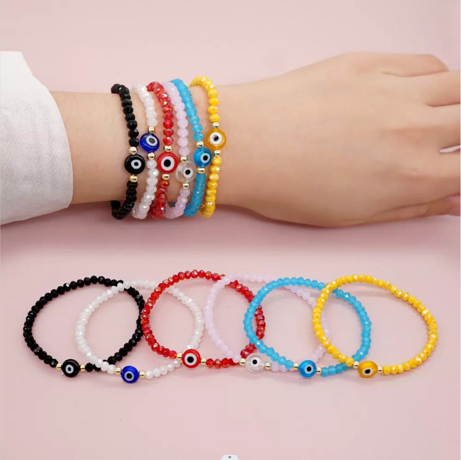 Cross-border special for European and American fashion cut crystal beads glass beaded glaze evil eye elastic bracelet for women
