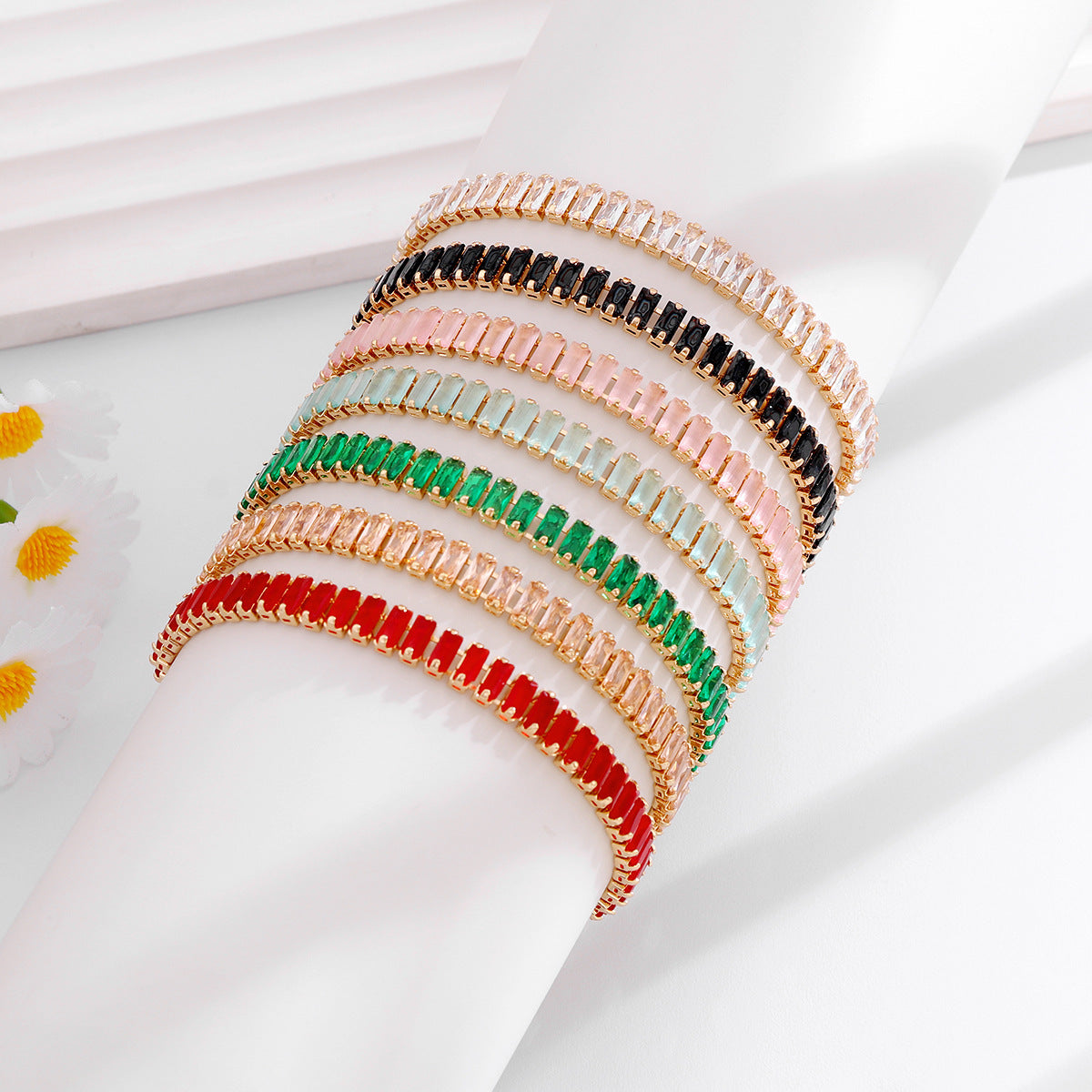French-Style Light Luxury Colorful Gemstone Full Diamond Tennis Bracelet, Gold-Plated Bracelet, Multi-Color Versatile Jewelry Wholesale