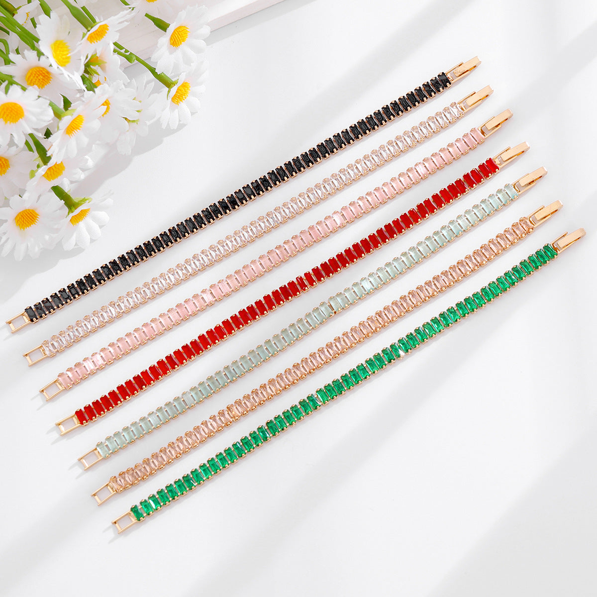 French-Style Light Luxury Colorful Gemstone Full Diamond Tennis Bracelet, Gold-Plated Bracelet, Multi-Color Versatile Jewelry Wholesale