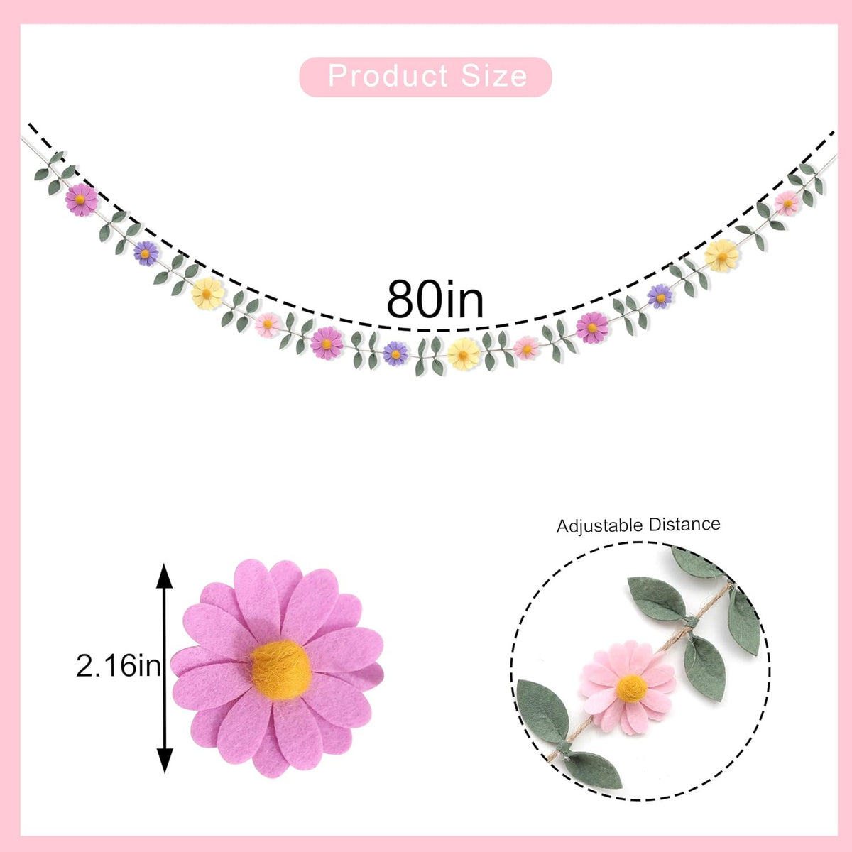 Felt Garland with Summer Flowers, Green Leaves, Hanging Daisies, Party Banner Suitable for Birthday and Baby Decorations