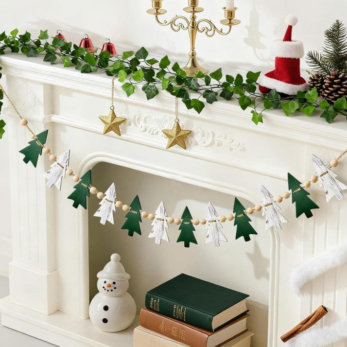 Farmhouse Felt Christmas Tree Wooden Beads Garland Hanging Decorations Banner for Mantel Fireplace Home Room