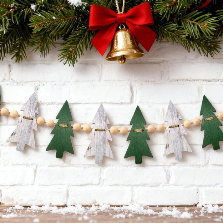 Farmhouse Felt Christmas Tree Wooden Beads Garland Hanging Decorations Banner for Mantel Fireplace Home Room