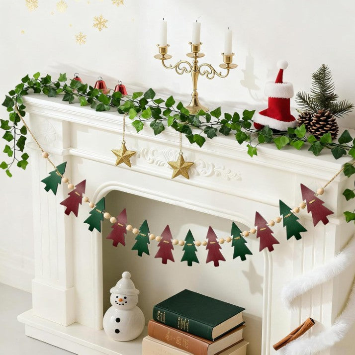 Farmhouse Felt Christmas Tree Wooden Beads Garland Hanging Decorations Banner for Mantel Fireplace Home Room