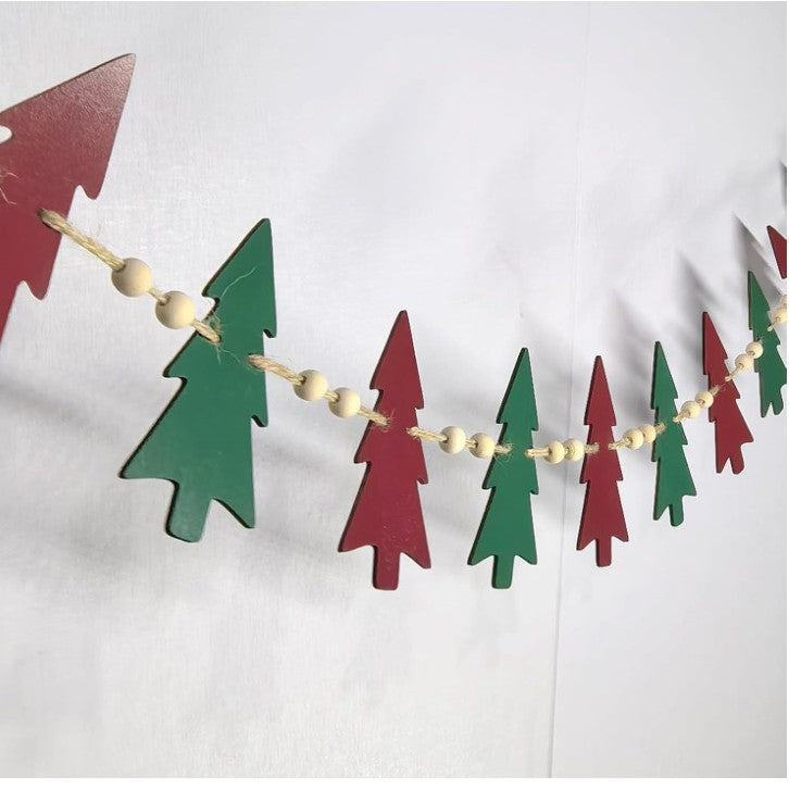 Farmhouse Felt Christmas Tree Wooden Beads Garland Hanging Decorations Banner for Mantel Fireplace Home Room