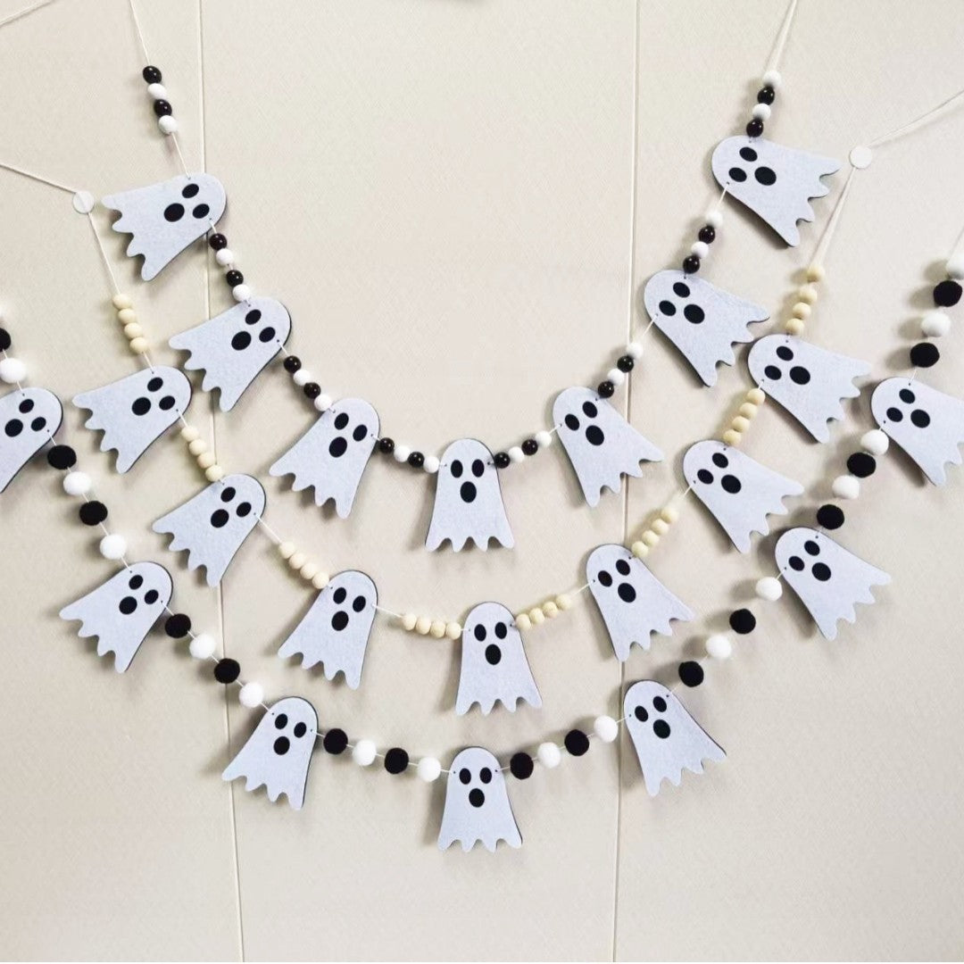 Halloween Garland Ghost Felt Hairball Wooden Bead Banner Halloween Fireplace Cape Window Home Party Decoration