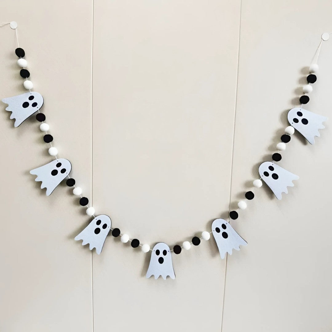 Halloween Garland Ghost Felt Hairball Wooden Bead Banner Halloween Fireplace Cape Window Home Party Decoration