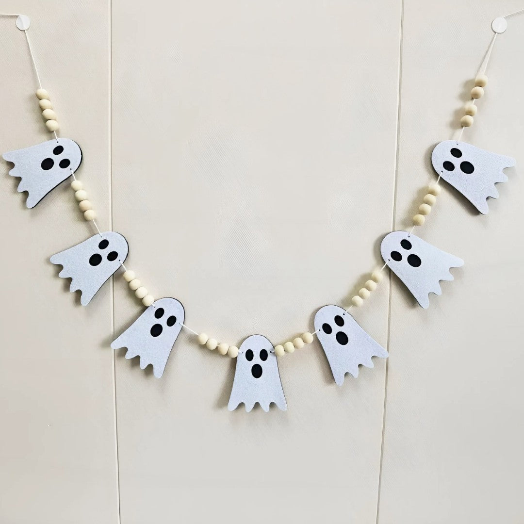 Halloween Garland Ghost Felt Hairball Wooden Bead Banner Halloween Fireplace Cape Window Home Party Decoration