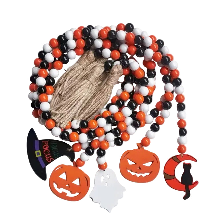 Halloween Wooden Bead Wreath Pumpkin Ghost Hemp Rope Tassel Party Decoration Hanging Ornaments